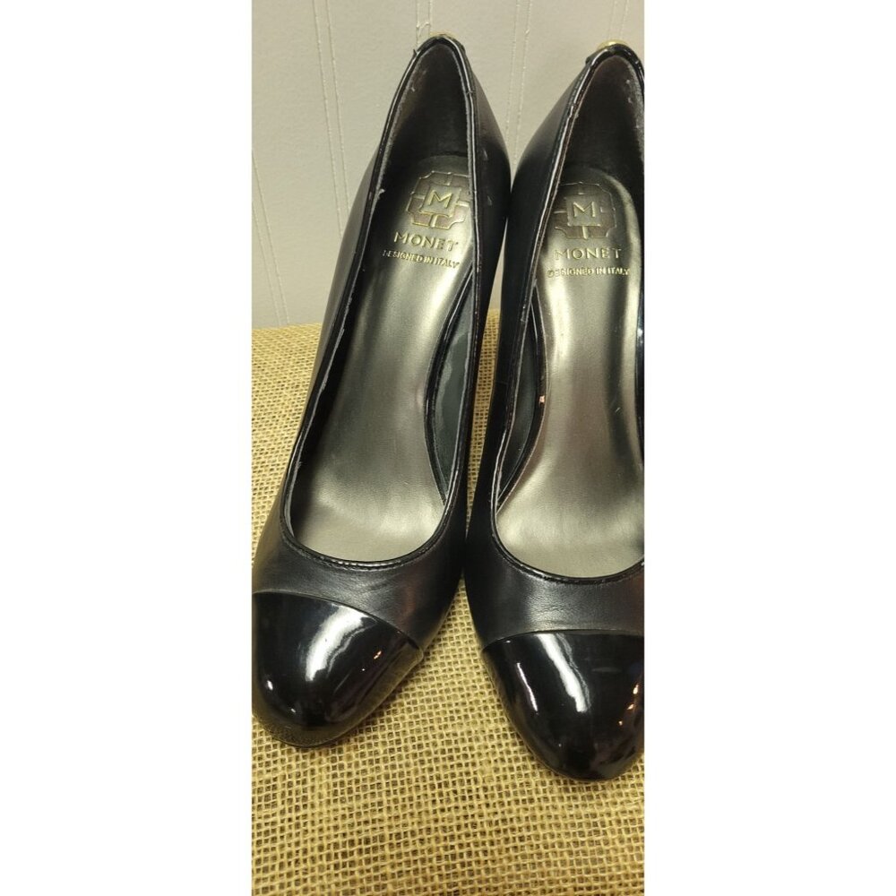 Vintage Monet Womens Leather Heels Black Patent Cap Toe 4" Stiletto Made In Ital